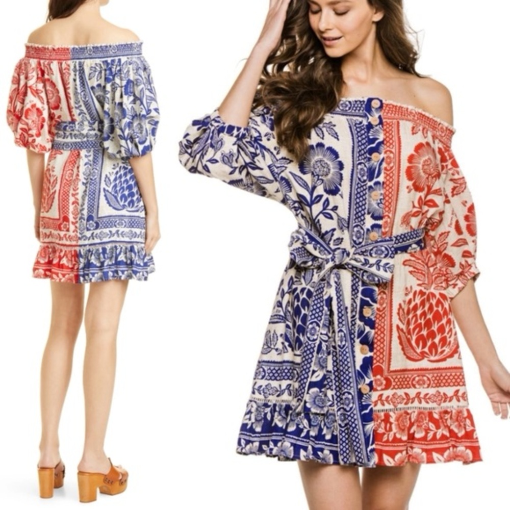FARM Rio Off-Shoulder Floral Mini Dress - Red and Blue
